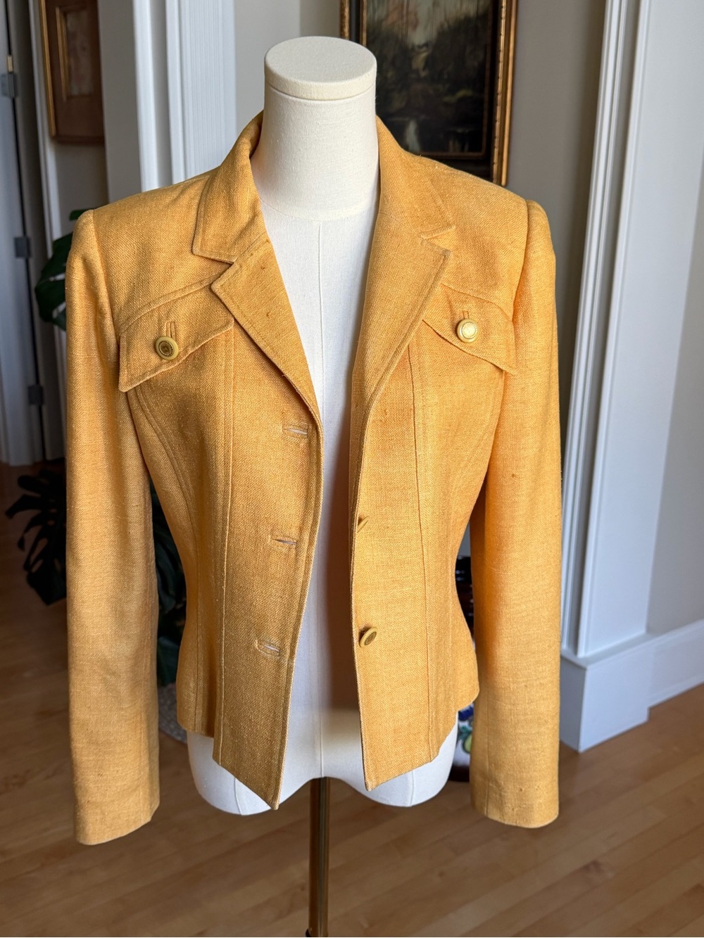 Carlisle 100% Silk Mustard Gold Fitted Blazer Jacket Size 4